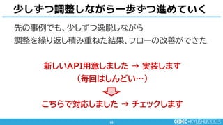 93
93
先の事例でも、少しずつ逸脱しながら
調整を繰り返し積み重ねた結果、フローの改善ができた
新しいAPI用意しました → 実装します
（毎回はしんどい…）
こちらで対応しました → チェックします
少しずつ調整しながら一歩ずつ進めていく
 