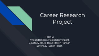 Career Research
Project
Team 2:
Kyleigh Bolinger, Haleigh Davenport,
Courtney Jones, Jacob Meyer, Hannah
Severe, & Tucker Tasich
 