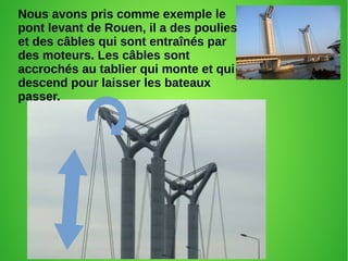 Nous avons pris comme exemple le
pont levant de Rouen, il a des poulies
et des câbles qui sont entraînés par
des moteurs. Les câbles sont
accrochés au tablier qui monte et qui
descend pour laisser les bateaux
passer.
 