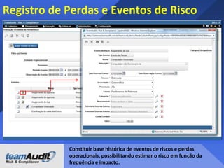 Risco, controle e Passos de auditoria
Faturas podem
não ser válidas
e / ou
devidamente
autorizada

O funcionário de
contas a pagar checa
o formulario de
entrada de
mercadorias com a
fatura no sistema e
permite uma
diferença máxima de
0,5%.

Obter o
formulário de
entrada de
mercadorias e
re-executar a
reconciliação

Risco

Controle

Passos

 