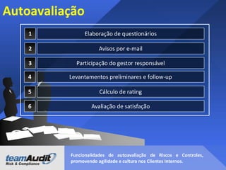 Desafios
• Os gestores estão amadurecendo e permitindo que o
negócio gerencie os controles com a supervisão da
auditoria.
• Controles manuais ainda são um problema, mas são
gerenciáveis se olharmos a partir da perspectiva dos
processos de negócios.
• Cada vez mais, as empresas querem descobrir a origem
dos controles manuais e automatizá-las.

 