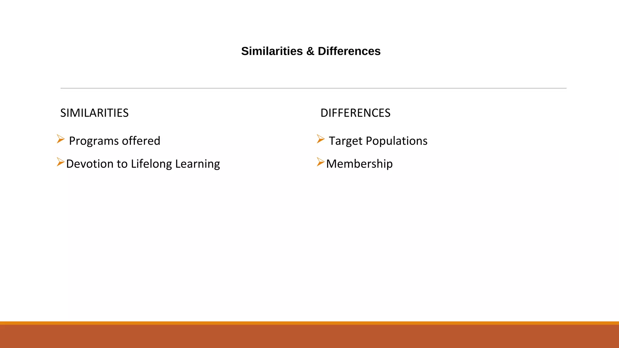 Similarities & Differences
SIMILARITIES
 Programs offered
Devotion to Lifelong Learning
DIFFERENCES
 Target Populations
Membership
 