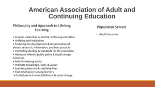 American Association of Adult and
Continuing Education
Philosophy and Approach to Lifelong
Learning
• Provide leadership in adult & continuing education
• Unifying adult educators
• Fostering the development & dissemination of
theory, research, information, and best practices
• Promoting identity & standards for the profession
• Advocate relevant public policy & social change
initiatives.
• Belief in helping adults
• Promote Knowledge, skills, & values
• Lead to productive & satisfying lives
• Past emphasis on young learners
• Contribute to human fulfillment & social change.
Population Served
• Adult Educators
 