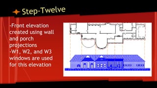 -Front elevation
created using wall
and porch
projections
-W1, W2, and W3
windows are used
for this elevation
 