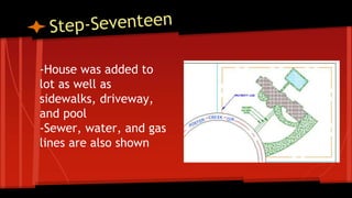 -House was added to
lot as well as
sidewalks, driveway,
and pool
-Sewer, water, and gas
lines are also shown
 