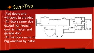 -Add doors and
windows to drawing
-All doors same size
except for French
door in master and
garage door
-All windows same size except for rounded windows and
big windows by patio
 