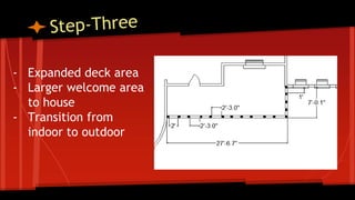 - Expanded deck area
- Larger welcome area
to house
- Transition from
indoor to outdoor
 
