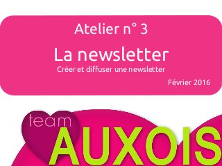 Atelier n°4
Les avis clients
Février 2015
Atelier n° 3
La newsletter
Créer et diffuser une newsletter
Février 2016
 