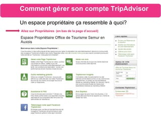 Comment gérer son compte TripAdvisor
Un espace propriétaire ça ressemble à quoi?
Allez sur Propriétaires (en bas de la page d’accueil)
 
