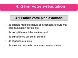 1. Je choisis mon site d’avis et je concentre toute ma
communication sur ce site
1. Je complète ma fiche entièrement
1. Je surveille ce qui se dit sur moi
1. Je réponds aux avis
1. Je valorise mes avis dans ma communication
4.1 Établir votre plan d’actions
4. Gérer votre e-réputation
 