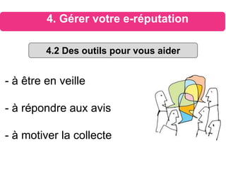 4. Gérer votre e-réputation
- à être en veille
- à répondre aux avis
- à motiver la collecte
4.2 Des outils pour vous aider
 