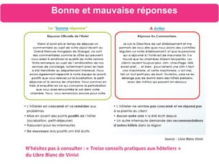 Source : Livre Blanc Vinivi
N’hésitez pas à consulter : « Treize conseils pratiques aux hôteliers »
du Libre Blanc de Vinivi
Bonne et mauvaise réponses
 