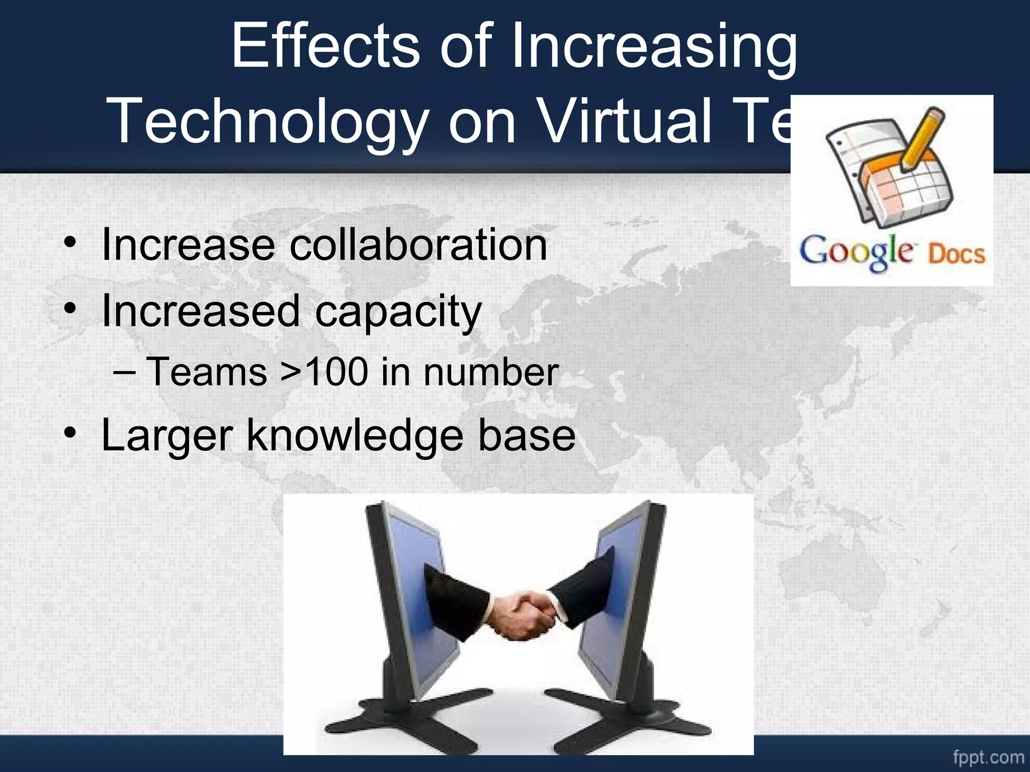 Effects of Increasing
Technology on Virtual Teams
• Increase collaboration
• Increased capacity
– Teams >100 in number
• Larger knowledge base
 
