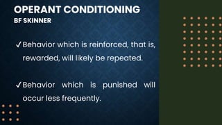 OPERANT CONDITIONING
BF SKINNER
✔Behavior which is reinforced, that is,
rewarded, will likely be repeated.
✔Behavior which is punished will
occur less frequently.
 