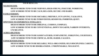 YOUR RESULTS:
NEUROTICISM:
HIGH SCORERS TEND TO BE NERVOUS, HIGH-STRUNG, INSECURE, WORRYING.
LOW SCORERS TEND TO BE CALM, RELAXED, SECURE AND HARDY.
EXTRAVERSION:
HIGH SCORERS TEND TO BE SOCIABLE, FRIENDLY, FUN LOVING, TALKATIVE.
LOW SCORERS TEND TO BE INTROVERTED, RESERVED, INHIBITED, QUIET.
OPENNESS TO EXPERIENCE/ INTELLECT:
HIGH SCORERS TEND TO BE ORIGINAL, CURIOUS, COMPLEX.
LOW SCORERS TEND TO BE CONVENTIONAL, DOWN TO EARTH, NARROW INTERESTS,
UNCREATIVE.
AGREEABLENESS:
HIGH SCORERS TEND TO BE GOOD NATURED, SYMPATHETIC, FORGIVING, COURTEOUS.
LOW SCORERS TEND TO BE CRITICAL, RUDE, HARSH, CALLOUS.
CONSCIENTIOUSNESS:
HIGH SCORERS TEND TO BE RELIABLE, WELL-ORGANIZED, SELF-DISCIPLINED, CAREFUL.
LOW SCORER TEND TO BE DISORGANIZED , UNDEPENDABLE, NEGLIGENT.
 