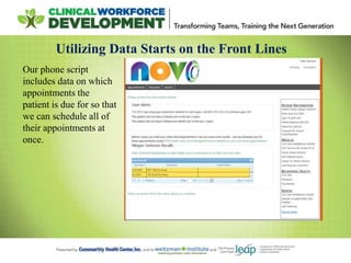 Utilizing Data Starts on the Front Lines
Our phone script
includes data on which
appointments the
patient is due for so that
we can schedule all of
their appointments at
once.
 