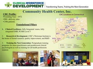 Community Health Center, Inc.
Foundational Pillars
1. Clinical Excellence- fully Integrated teams, fully
integrated EMR, PCMH Level 3
2. Research & Development- CHC’s Weitzman Institute is
the home of formal research, quality improvement, and R&D
3. Training the Next Generation: Postgraduate training
programs for nurse practitioners and postdoctoral clinical
psychologists as well as training for all health professions
students
CHC Profile:
•Founding Year - 1972
•200+ delivery sites
•130k patients
 