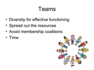 Teams
• Diversity for effective functioning
• Spread out the resources
• Avoid membership coalitions
• Time
 