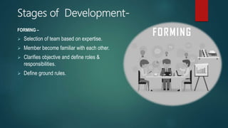Stages of Development-
FORMING –
 Selection of team based on expertise.
 Member become familiar with each other.
 Clarifies objective and define roles &
responsibilities.
 Define ground rules.
 