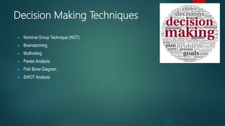 Decision Making Techniques
 Nominal Group Technique (NGT)
 Brainstorming
 Multivoting
 Pareto Analysis
 Fish Bone Diagram
 SWOT Analysis
 