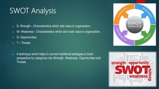 SWOT Analysis
 S- Strength – Characteristics which add value to organization.
 W- Weakness – Characteristics which don’t add value to organization.
 O- Opportunities
 T – Threats
 A technique which helps to convert traditional strategies to fresh
perspective by categorize into Strength, Weakness, Opportunities and
Threats.
 