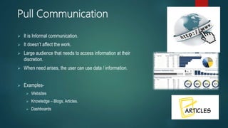 Pull Communication
 It is Informal communication.
 It doesn’t affect the work.
 Large audience that needs to access information at their
discretion.
 When need arises, the user can use data / information.
 Examples-
 Websites
 Knowledge – Blogs, Articles.
 Dashboards
 