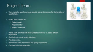 Project Team
 Team made for specific purpose, specific task and dissolve after deliverables of
specific task.
 Project Team consists of –
 Project Leader
 Project member
 Project Contributor
 Project Team is formed with cross functional members i.e. across different
departments.
 Contributing to overall project objectives.
 Provide expertise.
 Perform task within the timelines and quality expectations.
 Complete individual deliverables.
 