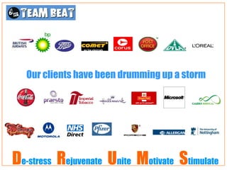 Our clients have been drumming up a storm




De-stress Rejuvenate Unite Motivate Stimulate
 