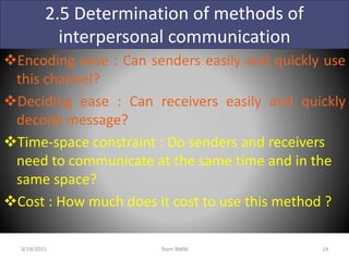 2.5 Determination of methods of
interpersonal communication
Encoding ease : Can senders easily and quickly use
this channel?
Deciding ease : Can receivers easily and quickly
decode message?
Time-space constraint : Do senders and receivers
need to communicate at the same time and in the
same space?
Cost : How much does it cost to use this method ?
3/19/2015 14Team BMW
 