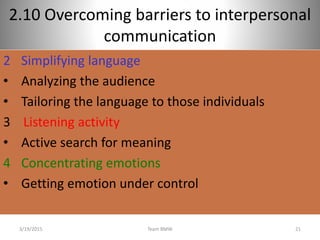2.10 Overcoming barriers to interpersonal
communication
2 Simplifying language
• Analyzing the audience
• Tailoring the language to those individuals
3 Listening activity
• Active search for meaning
4 Concentrating emotions
• Getting emotion under control
3/19/2015 21Team BMW
 