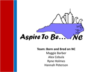 Team: Born and Bred on NC
Maggie Barber
Alex Cebula
Ryne Holmes
Hannah Peterson
 