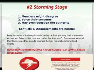 1. Members might disagree
2. Voice their concerns
3. May even question the authority
Conflicts & Disagreements are normal
#2 Storming Stage
Being in a team is like being in a relationship. At first, you may think someone is
perfect and flawless. But, then you realize that they aren’t. Once you’re aware of
their flaws, you either learn to embrace them or the relationship will end
quickly.
NEVER SKIP STORMINING STAGE / AVOID CONFLICTS, IF SO WILL CREATE
ISSUES LATER.
 