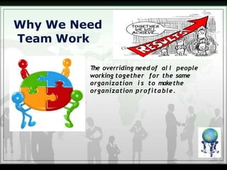 The overriding need of al l people
working together for the same
organization i s to makethe
organization profitable.
Why We Need
Team Work
 