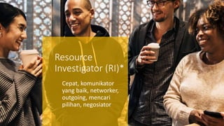 Resource
Investigator (RI)*
Cepat, komunikator
yang baik, networker,
outgoing, mencari
pilihan, negosiator
 