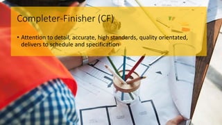 Completer-Finisher (CF)
• Attention to detail, accurate, high standards, quality orientated,
delivers to schedule and specification
 