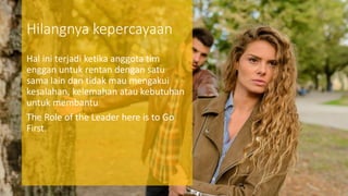 Hilangnya kepercayaan
Hal ini terjadi ketika anggota tim
enggan untuk rentan dengan satu
sama lain dan tidak mau mengakui
kesalahan, kelemahan atau kebutuhan
untuk membantu
The Role of the Leader here is to Go
First.
 