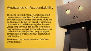 Avoidance of Accountability
The need to avoid interpersonal discomfort
prevents team members from holding one
another accountable for their behaviours and
performance. Ketika tim tidak berkomitmen
untuk rencana tindakan yang jelas, bahkan
yang paling terfokus dan paling termotivasi
ragu untuk memanggil teman sebaya mereka
pada tindakan dan perilaku yang mungkin
tampak kontraproduktif untuk keseluruhan
baik dari tim.
The Role of the Leader here is to Confront
Difficult Issues.
 