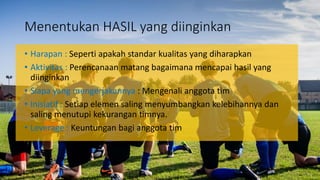 Menentukan HASIL yang diinginkan
• Harapan : Seperti apakah standar kualitas yang diharapkan
• Aktivitas : Perencanaan matang bagaimana mencapai hasil yang
diinginkan
• Siapa yang mengerjakannya : Mengenali anggota tim
• Inisiatif : Setiap elemen saling menyumbangkan kelebihannya dan
saling menutupi kekurangan timnya.
• Leverage : Keuntungan bagi anggota tim
 