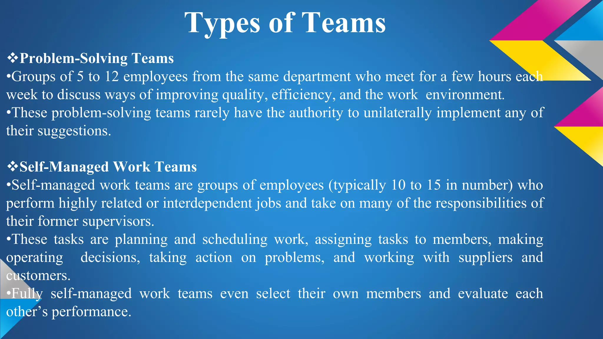 Problem-Solving Teams
•Groups of 5 to 12 employees from the same department who meet for a few hours each
week to discuss ways of improving quality, efficiency, and the work environment.
•These problem-solving teams rarely have the authority to unilaterally implement any of
their suggestions.
Self-Managed Work Teams
•Self-managed work teams are groups of employees (typically 10 to 15 in number) who
perform highly related or interdependent jobs and take on many of the responsibilities of
their former supervisors.
•These tasks are planning and scheduling work, assigning tasks to members, making
operating decisions, taking action on problems, and working with suppliers and
customers.
•Fully self-managed work teams even select their own members and evaluate each
other’s performance.
Types of Teams
 