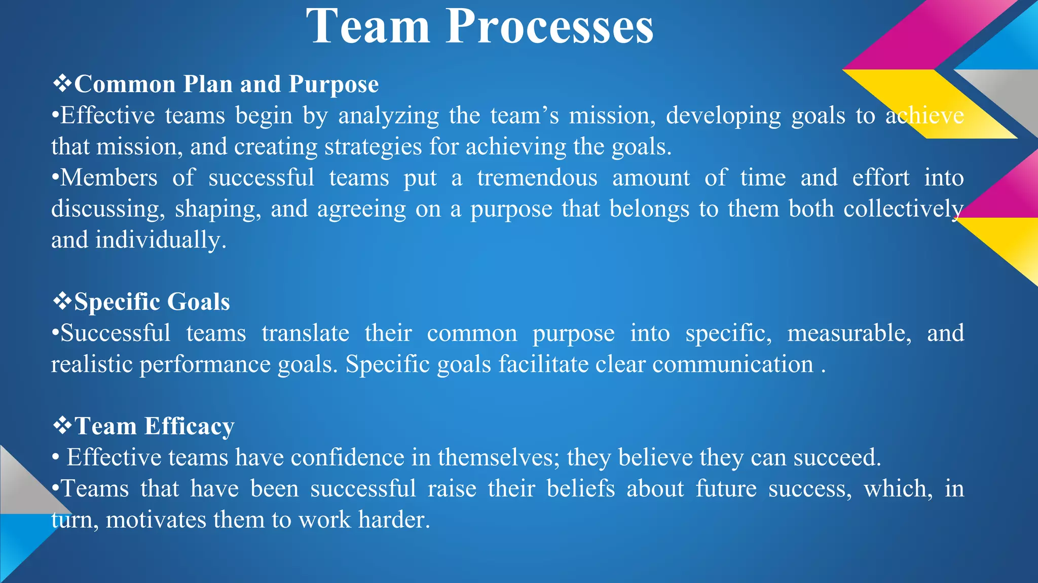 Team Processes
Common Plan and Purpose
•Effective teams begin by analyzing the team’s mission, developing goals to achieve
that mission, and creating strategies for achieving the goals.
•Members of successful teams put a tremendous amount of time and effort into
discussing, shaping, and agreeing on a purpose that belongs to them both collectively
and individually.
Specific Goals
•Successful teams translate their common purpose into specific, measurable, and
realistic performance goals. Specific goals facilitate clear communication .
Team Efficacy
• Effective teams have confidence in themselves; they believe they can succeed.
•Teams that have been successful raise their beliefs about future success, which, in
turn, motivates them to work harder.
 