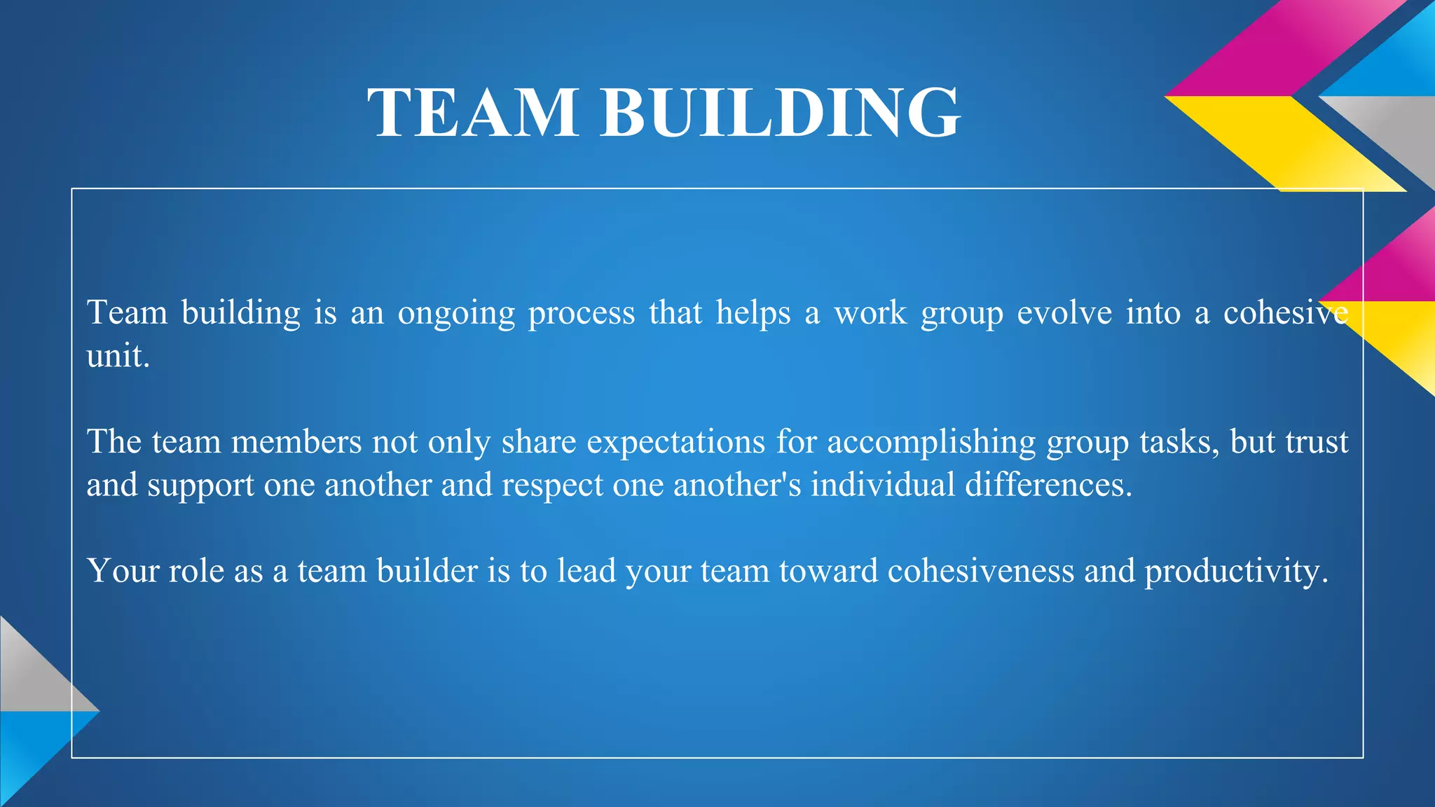 TEAM BUILDING
Team building is an ongoing process that helps a work group evolve into a cohesive
unit.
The team members not only share expectations for accomplishing group tasks, but trust
and support one another and respect one another's individual differences.
Your role as a team builder is to lead your team toward cohesiveness and productivity.
 