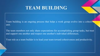 TEAM BUILDING
Team building is an ongoing process that helps a work group evolve into a cohesive
unit.
The team members not only share expectations for accomplishing group tasks, but trust
and support one another and respect one another's individual differences.
Your role as a team builder is to lead your team toward cohesiveness and productivity.
 