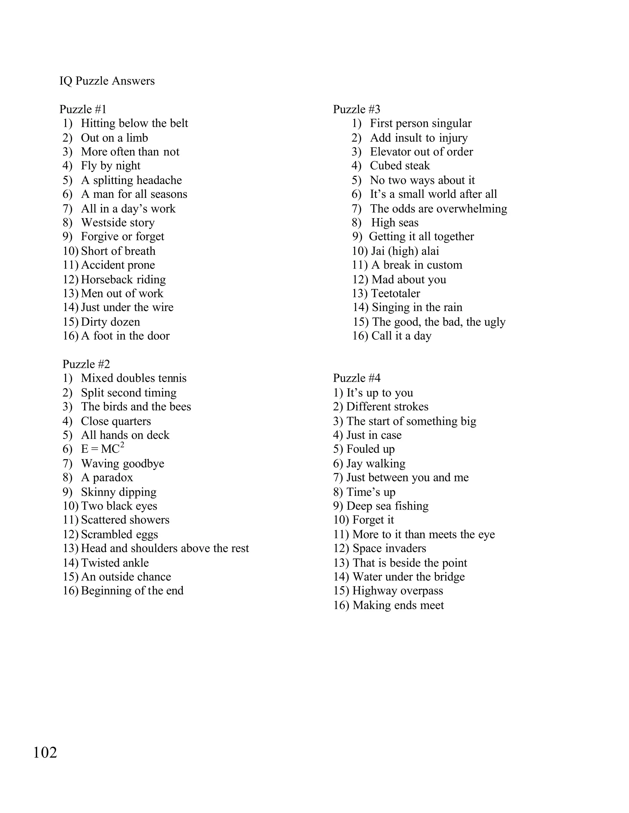 IQ Puzzle Answers
Puzzle #1
1) Hitting below the belt
2) Out on a limb
3) More often than not
4) Fly by night
5) A splitting headache
6) A man for all seasons
7) All in a day’s work
8) Westside story
9) Forgive or forget
10) Short of breath
11) Accident prone
12) Horseback riding
13) Men out of work
14) Just under the wire
15) Dirty dozen
16) A foot in the door
Puzzle #2
1) Mixed doubles tennis
2) Split second timing
3) The birds and the bees
4) Close quarters
5) All hands on deck
6) E = MC2
7) Waving goodbye
8) A paradox
9) Skinny dipping
10) Two black eyes
11) Scattered showers
12) Scrambled eggs
13) Head and shoulders above the rest
14) Twisted ankle
15) An outside chance
16) Beginning of the end
Puzzle #3
1) First person singular
2) Add insult to injury
3) Elevator out of order
4) Cubed steak
5) No two ways about it
6) It’s a small world after all
7) The odds are overwhelming
8) High seas
9) Getting it all together
10) Jai (high) alai
11) A break in custom
12) Mad about you
13) Teetotaler
14) Singing in the rain
15) The good, the bad, the ugly
16) Call it a day
Puzzle #4
1) It’s up to you
2) Different strokes
3) The start of something big
4) Just in case
5) Fouled up
6) Jay walking
7) Just between you and me
8) Time’s up
9) Deep sea fishing
10) Forget it
11) More to it than meets the eye
12) Space invaders
13) That is beside the point
14) Water under the bridge
15) Highway overpass
16) Making ends meet
102
 