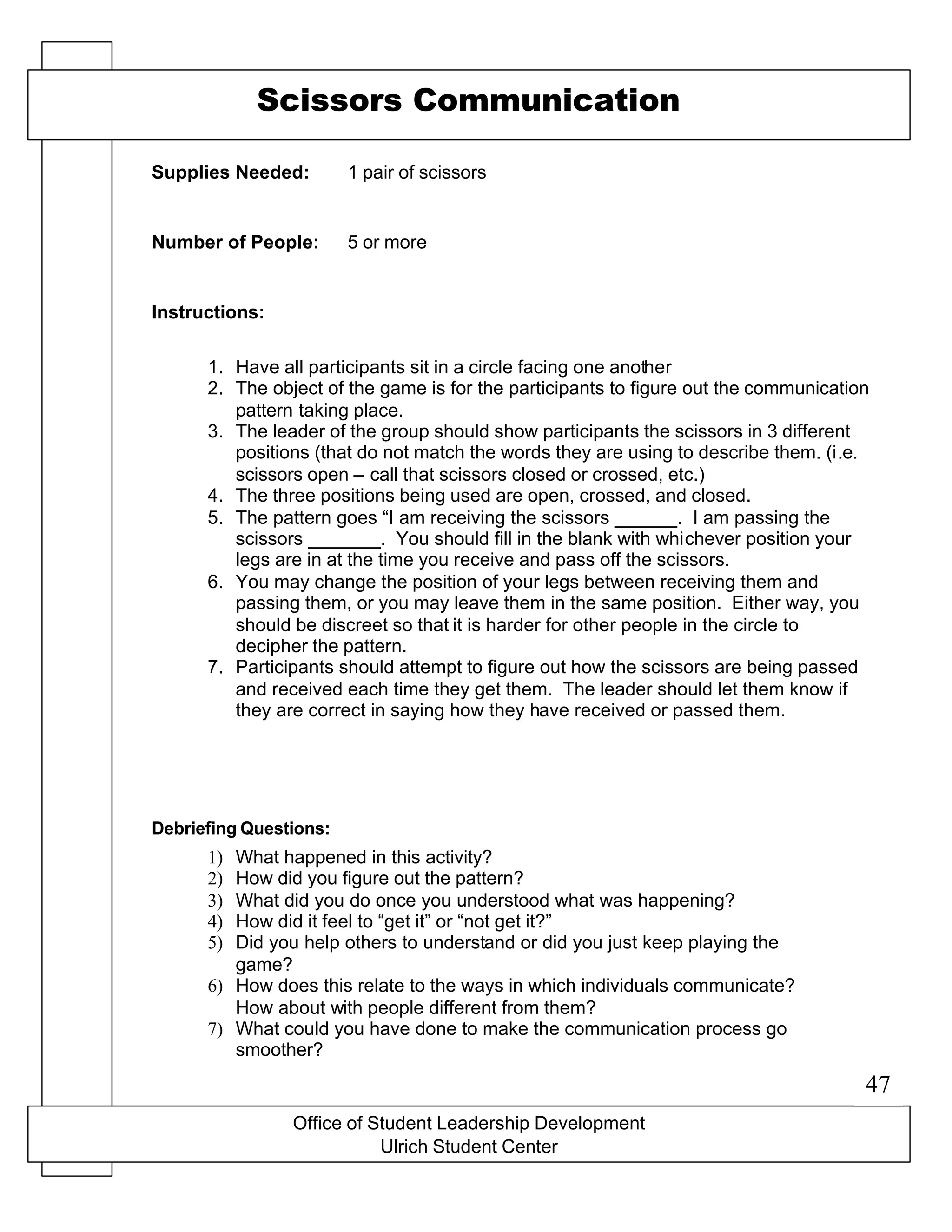 Office of Student Leadership Development
Ulrich Student Center
Supplies Needed:
Number of People:
Instructions:
Debriefing Questions:
Scissors Communication
1 pair of scissors
5 or more
1. Have all participants sit in a circle facing one another
2. The object of the game is for the participants to figure out the communication
pattern taking place.
3. The leader of the group should show participants the scissors in 3 different
positions (that do not match the words they are using to describe them. (i.e.
scissors open – call that scissors closed or crossed, etc.)
4. The three positions being used are open, crossed, and closed.
5. The pattern goes “I am receiving the scissors ______. I am passing the
scissors _______. You should fill in the blank with whichever position your
legs are in at the time you receive and pass off the scissors.
6. You may change the position of your legs between receiving them and
passing them, or you may leave them in the same position. Either way, you
should be discreet so that it is harder for other people in the circle to
decipher the pattern.
7. Participants should attempt to figure out how the scissors are being passed
and received each time they get them. The leader should let them know if
they are correct in saying how they have received or passed them.
1) What happened in this activity?
2) How did you figure out the pattern?
3) What did you do once you understood what was happening?
4) How did it feel to “get it” or “not get it?”
5) Did you help others to understand or did you just keep playing the
game?
6) How does this relate to the ways in which individuals communicate?
How about with people different from them?
7) What could you have done to make the communication process go
smoother?
47
 