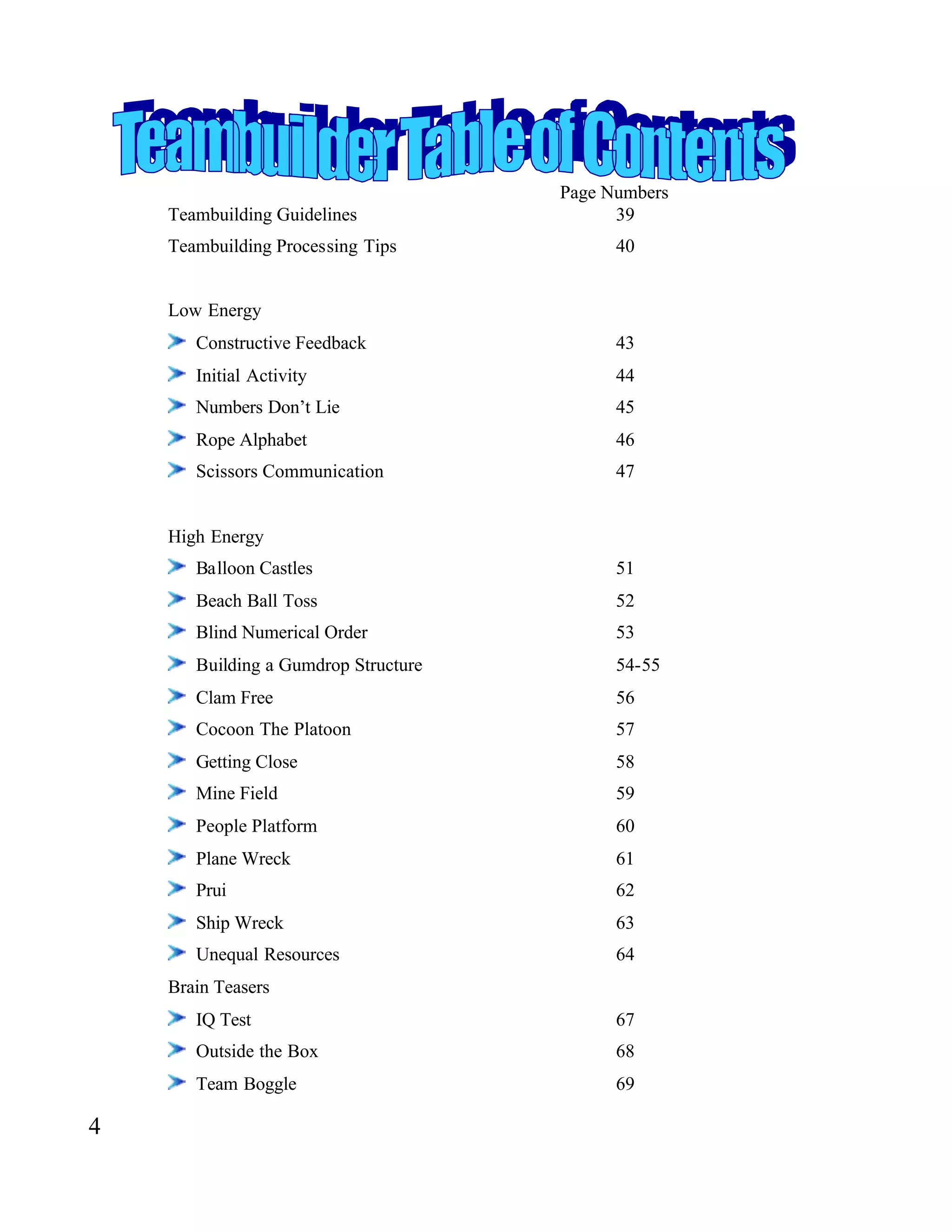 Page Numbers
Teambuilding Guidelines 39
Teambuilding Processing Tips 40
Low Energy
Constructive Feedback 43
Initial Activity 44
Numbers Don’t Lie 45
Rope Alphabet 46
Scissors Communication 47
High Energy
Balloon Castles 51
Beach Ball Toss 52
Blind Numerical Order 53
Building a Gumdrop Structure 54-55
Clam Free 56
Cocoon The Platoon 57
Getting Close 58
Mine Field 59
People Platform 60
Plane Wreck 61
Prui 62
Ship Wreck 63
Unequal Resources 64
Brain Teasers
IQ Test 67
Outside the Box 68
Team Boggle 69
4
 