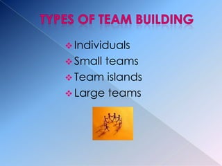  Individuals
 Smallteams
 Team islands
 Large teams
 