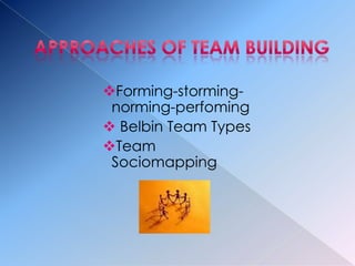 Forming-storming-
 norming-perfoming
 Belbin Team Types
Team
 Sociomapping
 
