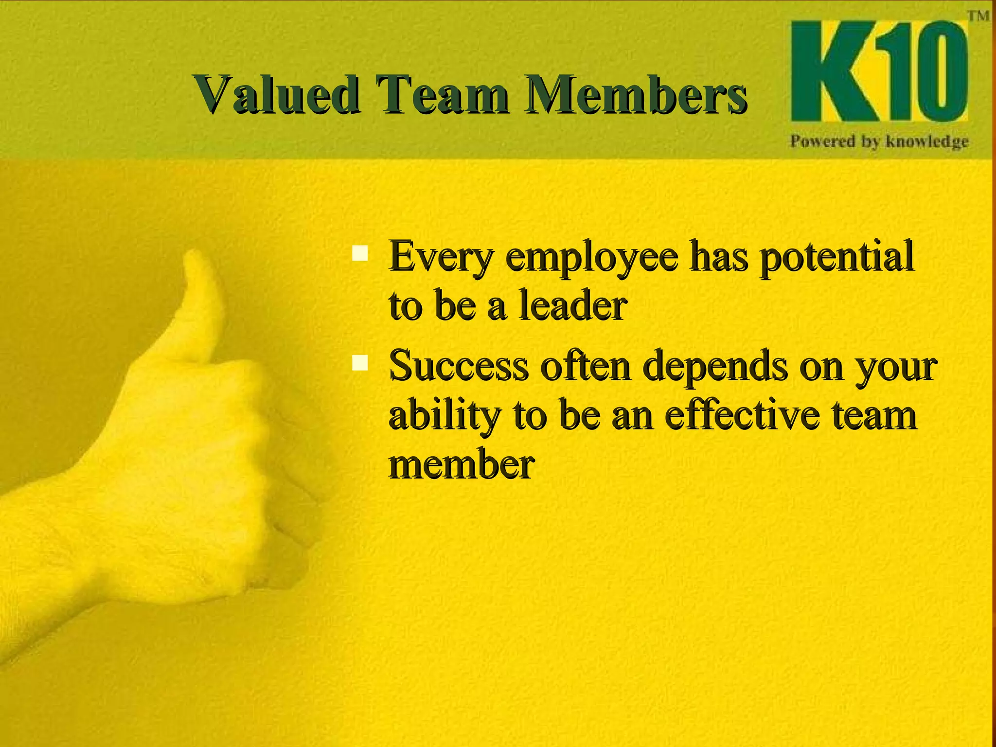Valued Team Members Every employee has potential to be a leader Success often depends on your ability to be an effective team member 