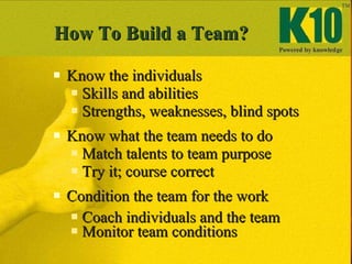 How To Build a Team? <ul><li>Know the individuals </li></ul><ul><ul><li>Skills and abilities </li></ul></ul><ul><ul><li>St...