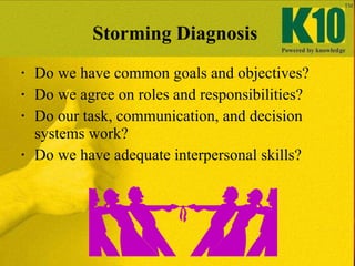 Storming Diagnosis   <ul><li>Do we have common goals and objectives? </li></ul><ul><li>Do we agree on roles and responsibi...
